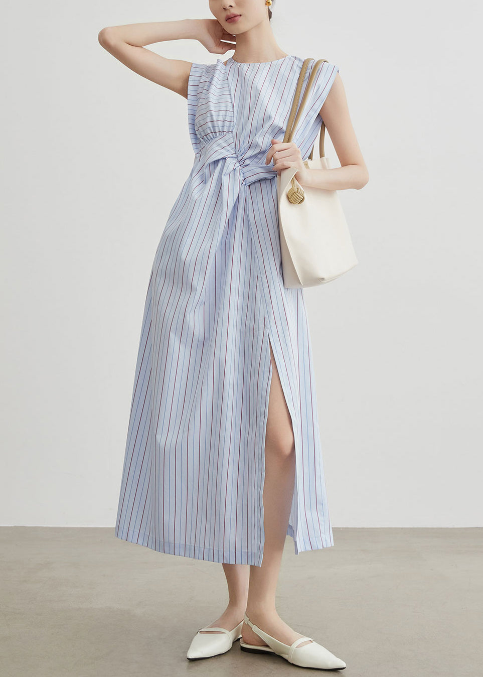 Chic Striped Hollow Out Side Open Cotton Long Dress Sleeveless