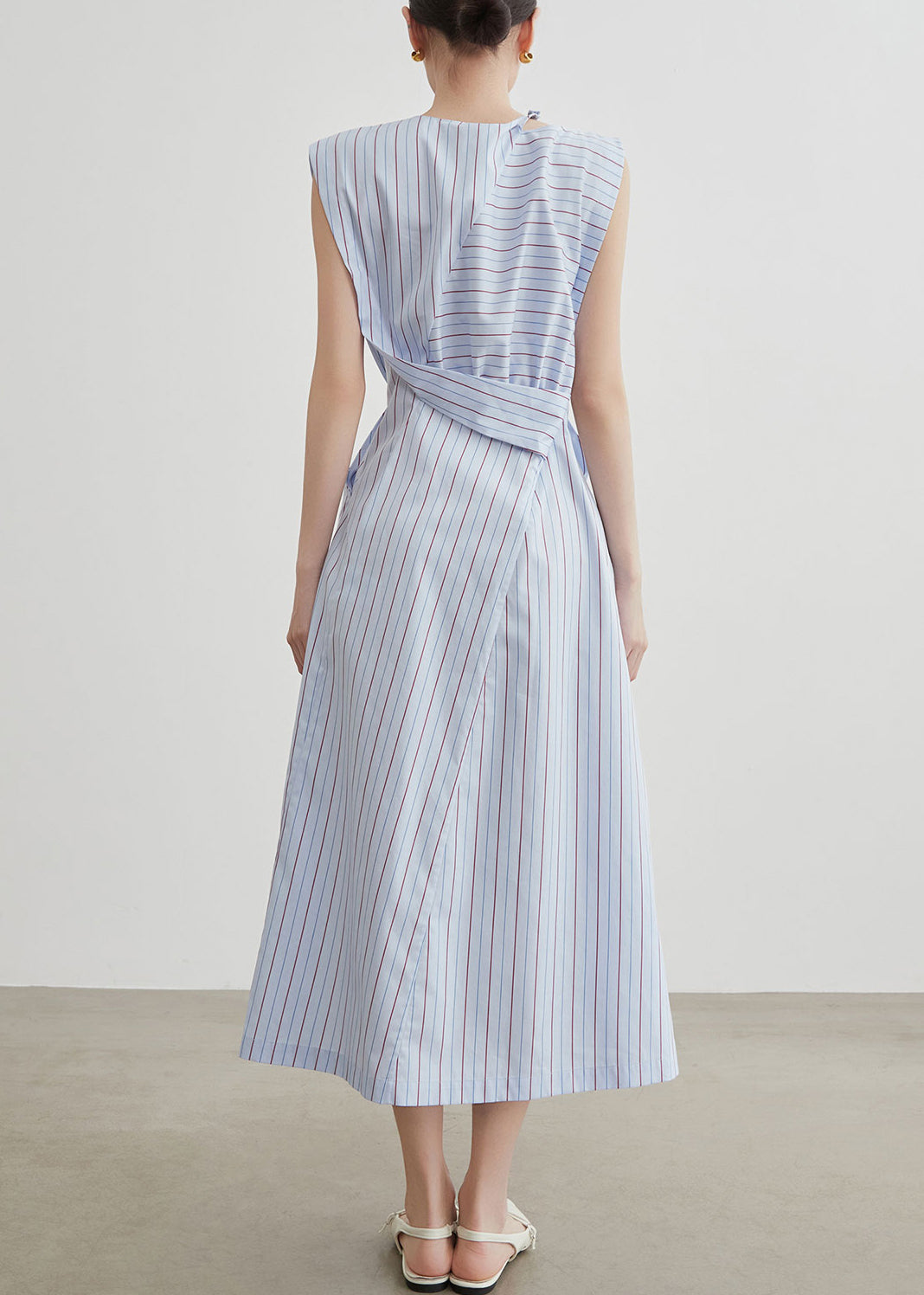 Chic Striped Hollow Out Side Open Cotton Long Dress Sleeveless