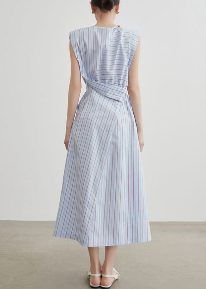 Chic Striped Hollow Out Side Open Cotton Long Dress Sleeveless