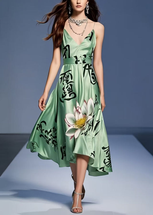 Chic Tea Green Print Silk Spaghetti Strap Dress Summer