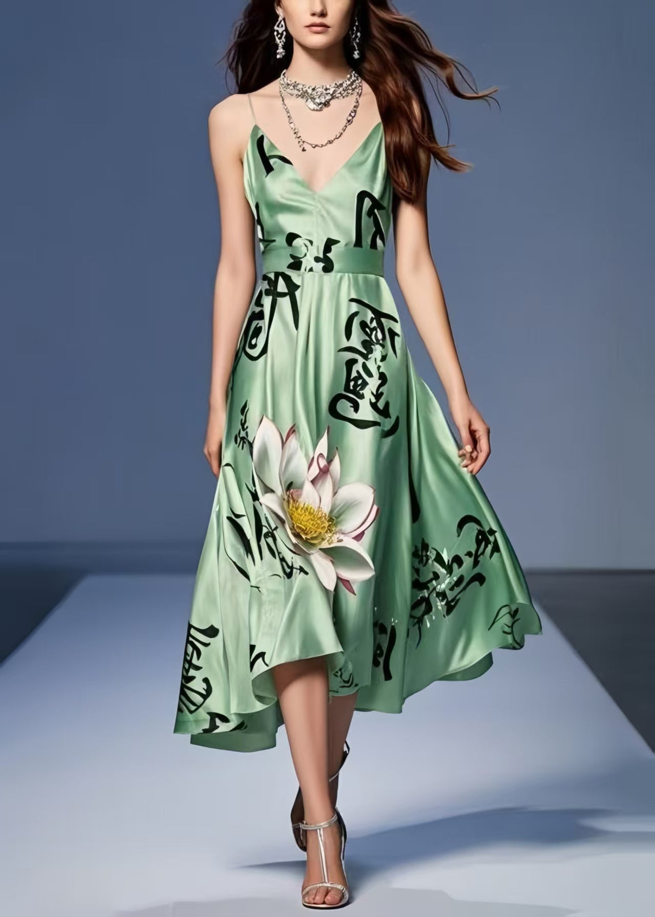Chic Tea Green Print Silk Spaghetti Strap Dress Summer
