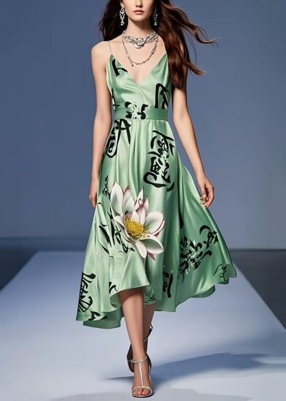 Chic Tea Green Print Silk Spaghetti Strap Dress Summer