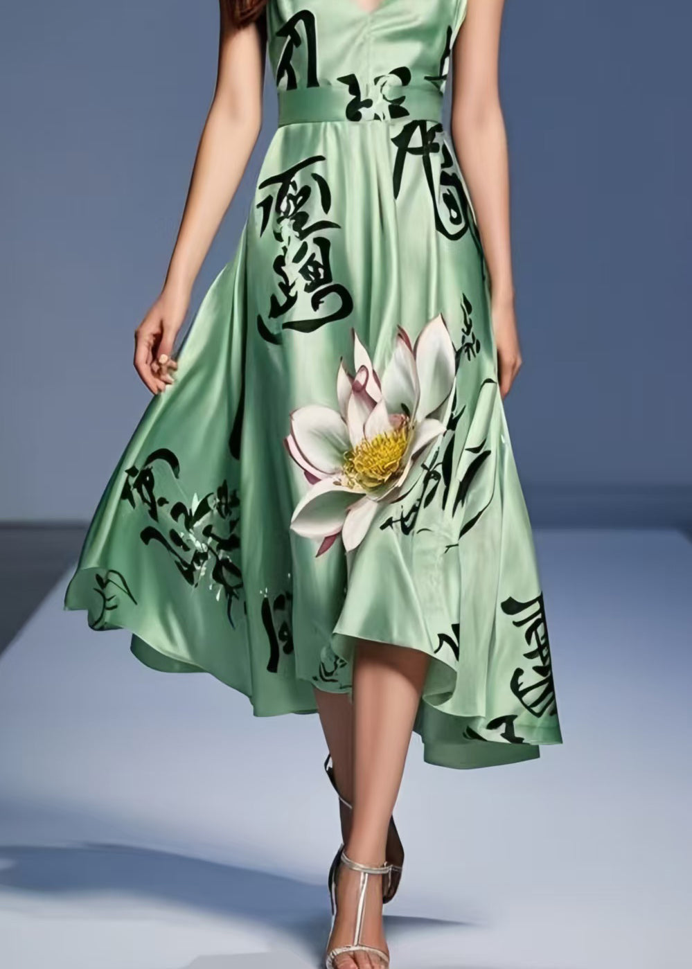 Chic Tea Green Print Silk Spaghetti Strap Dress Summer