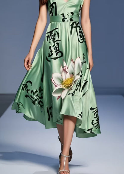 Chic Tea Green Print Silk Spaghetti Strap Dress Summer