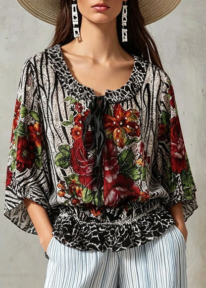 Chic Tie Lace Print Wrinkled Silk T Shirt Fall