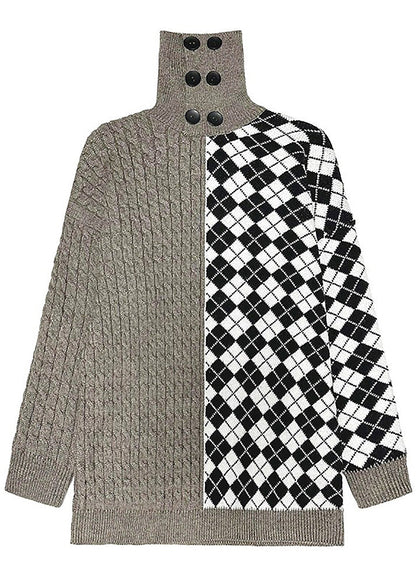 Chic Turtleneck Patchwork Button Thick Knit Sweater Winter