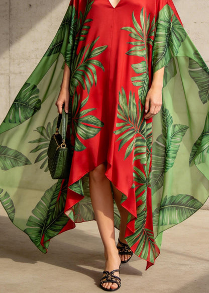 Chic V Neck Asymmetrical Design Print Chiffon Ankle Dress Summer