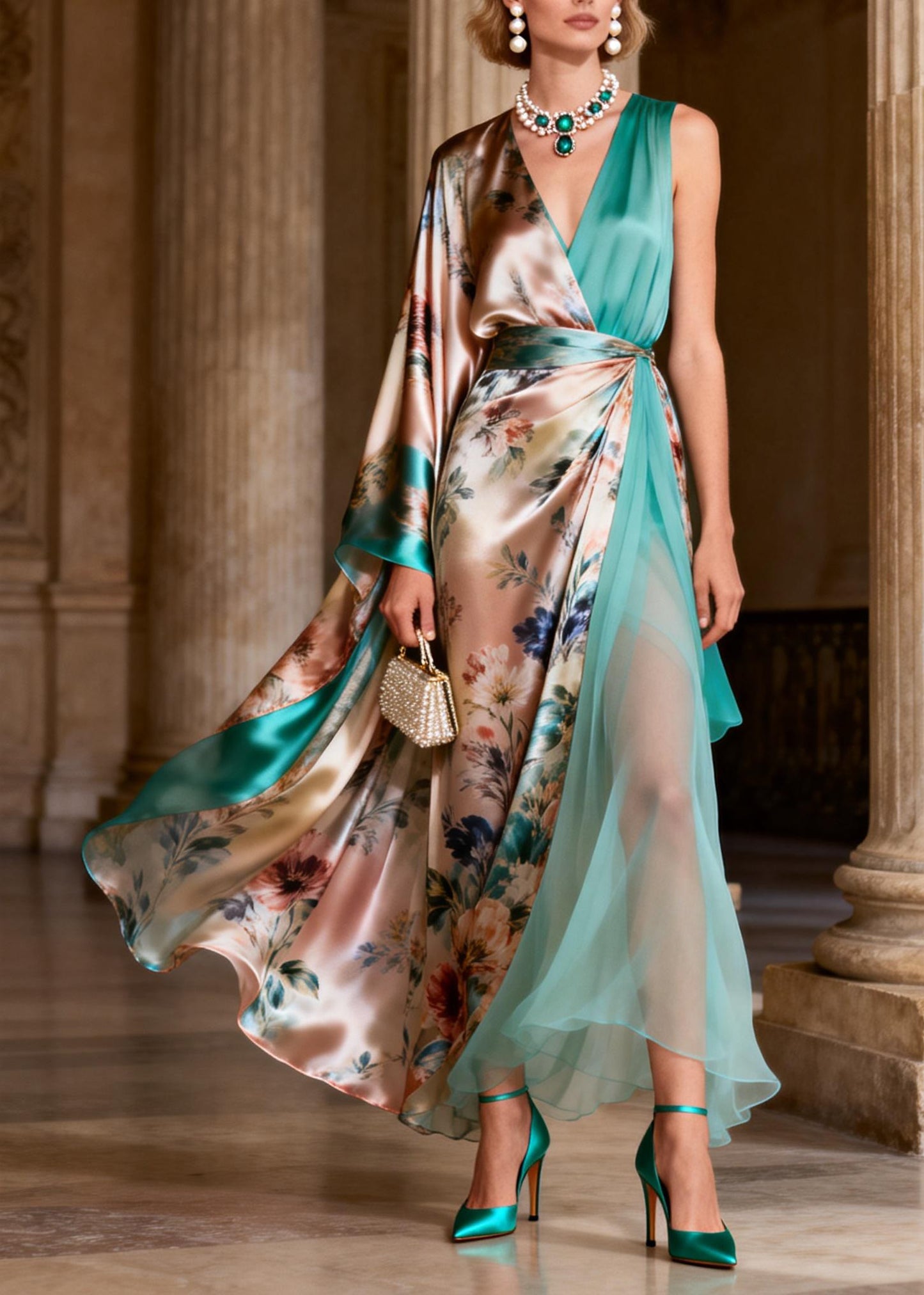 Chic V Neck Asymmetrical Patchwork Silk Maxi Dresses Summer
