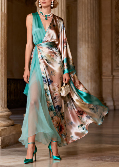 Chic V Neck Asymmetrical Patchwork Silk Maxi Dresses Summer