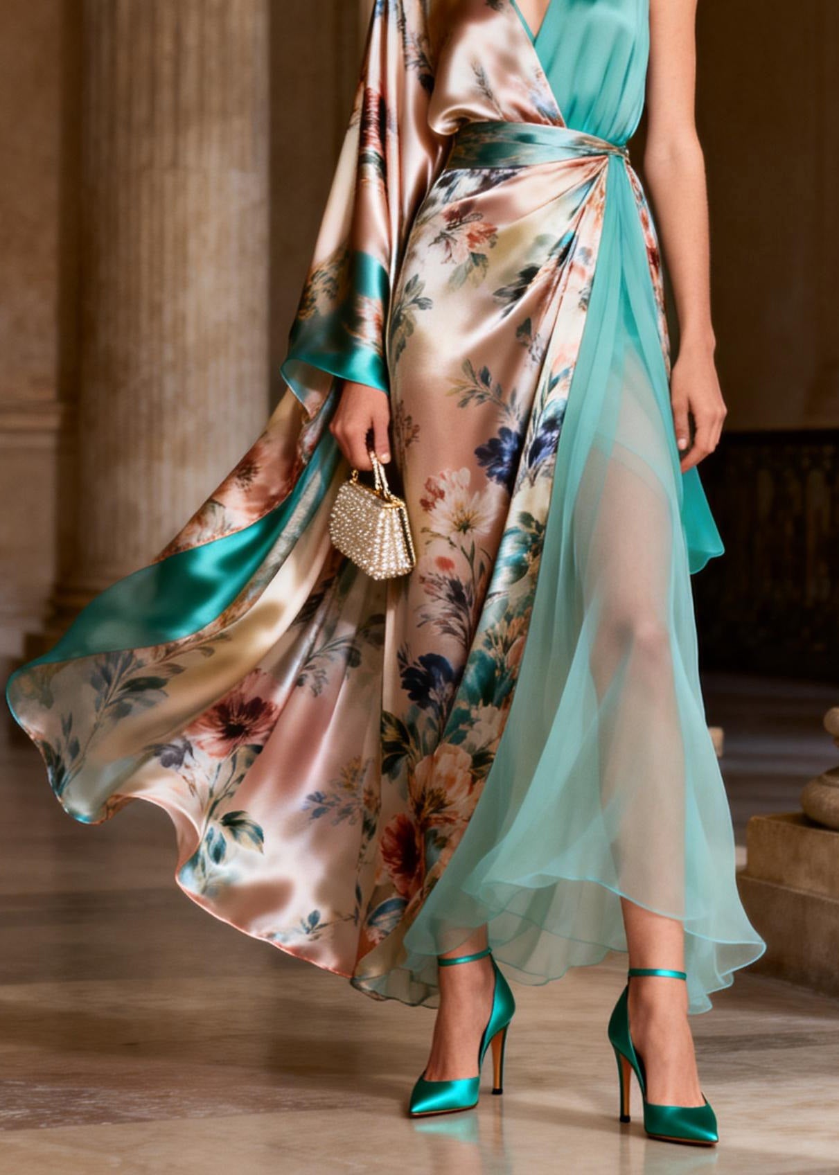 Chic V Neck Asymmetrical Patchwork Silk Maxi Dresses Summer