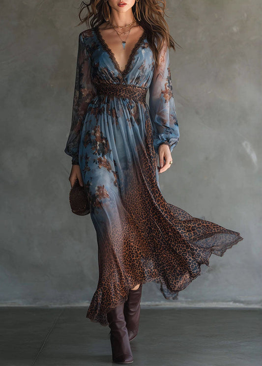 Chic V Neck Lace Print Patchwork Chiffon Long Dresses Summer