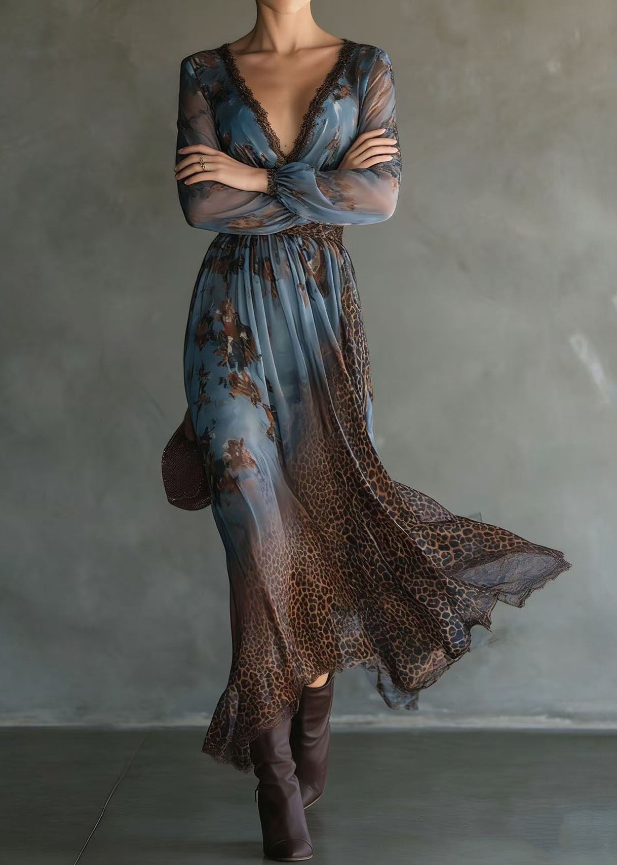 Chic V Neck Lace Print Patchwork Chiffon Long Dresses Summer