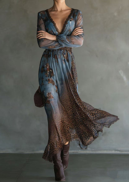 Chic V Neck Lace Print Patchwork Chiffon Long Dresses Summer