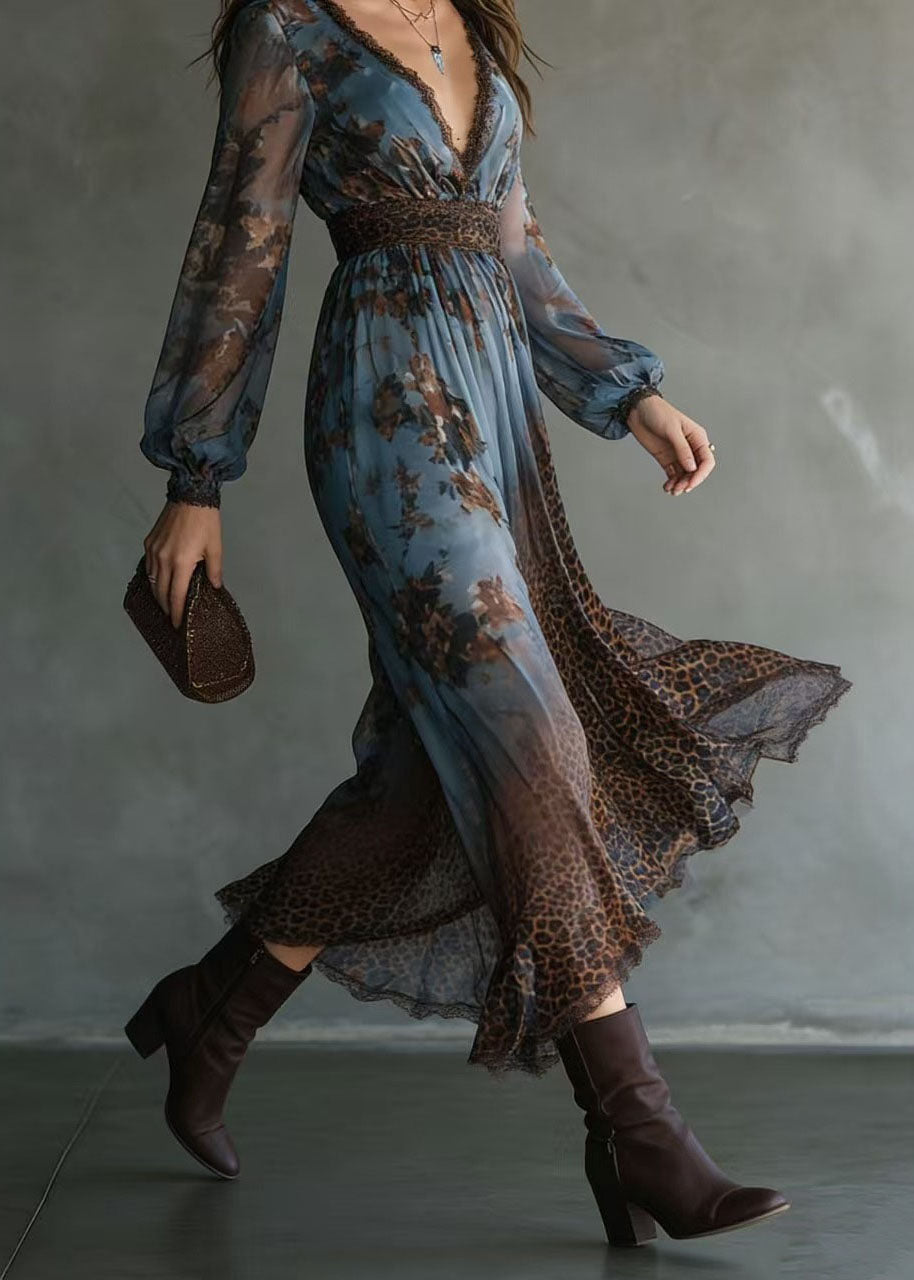 Chic V Neck Lace Print Patchwork Chiffon Long Dresses Summer