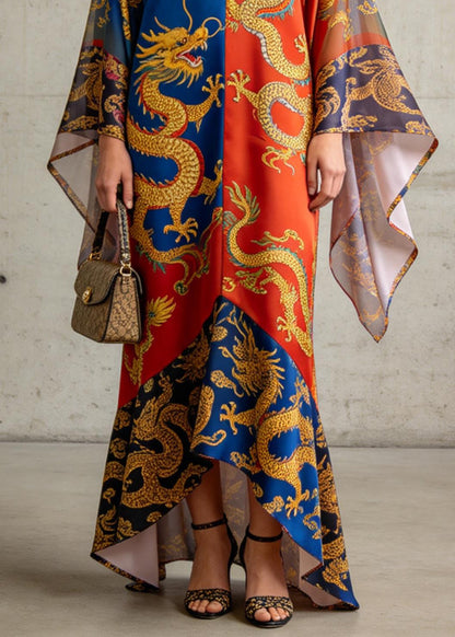 Chic V Neck Oriental Print Chiffon Summer Long Dress