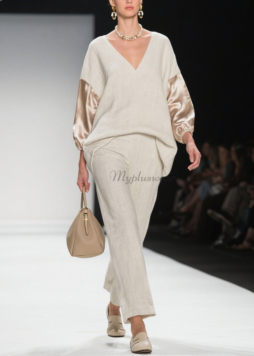 Chic V Neck Patchwork Linen Silk Two Pieces Set Spring
