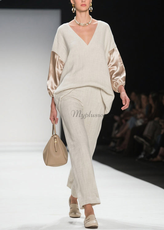 Chic V Neck Patchwork Linen Silk Two Pieces Set Spring
