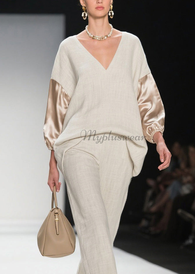 Chic V Neck Patchwork Linen Silk Two Pieces Set Spring