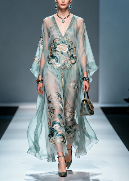 Chic V Neck Print Loose Chiffon Long Dress Spring