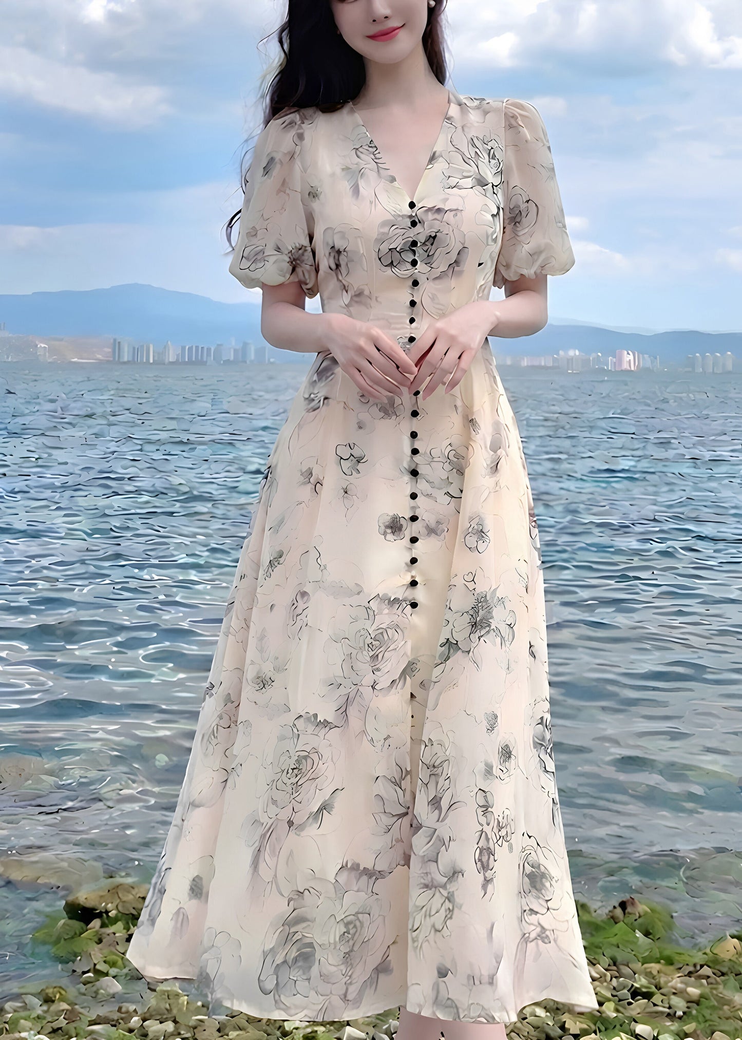 Chic V Neck Print Tunic Chiffon Long Dresses Summer