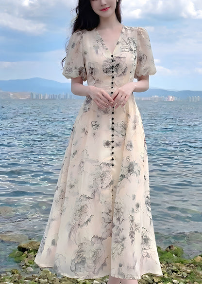 Chic V Neck Print Tunic Chiffon Long Dresses Summer