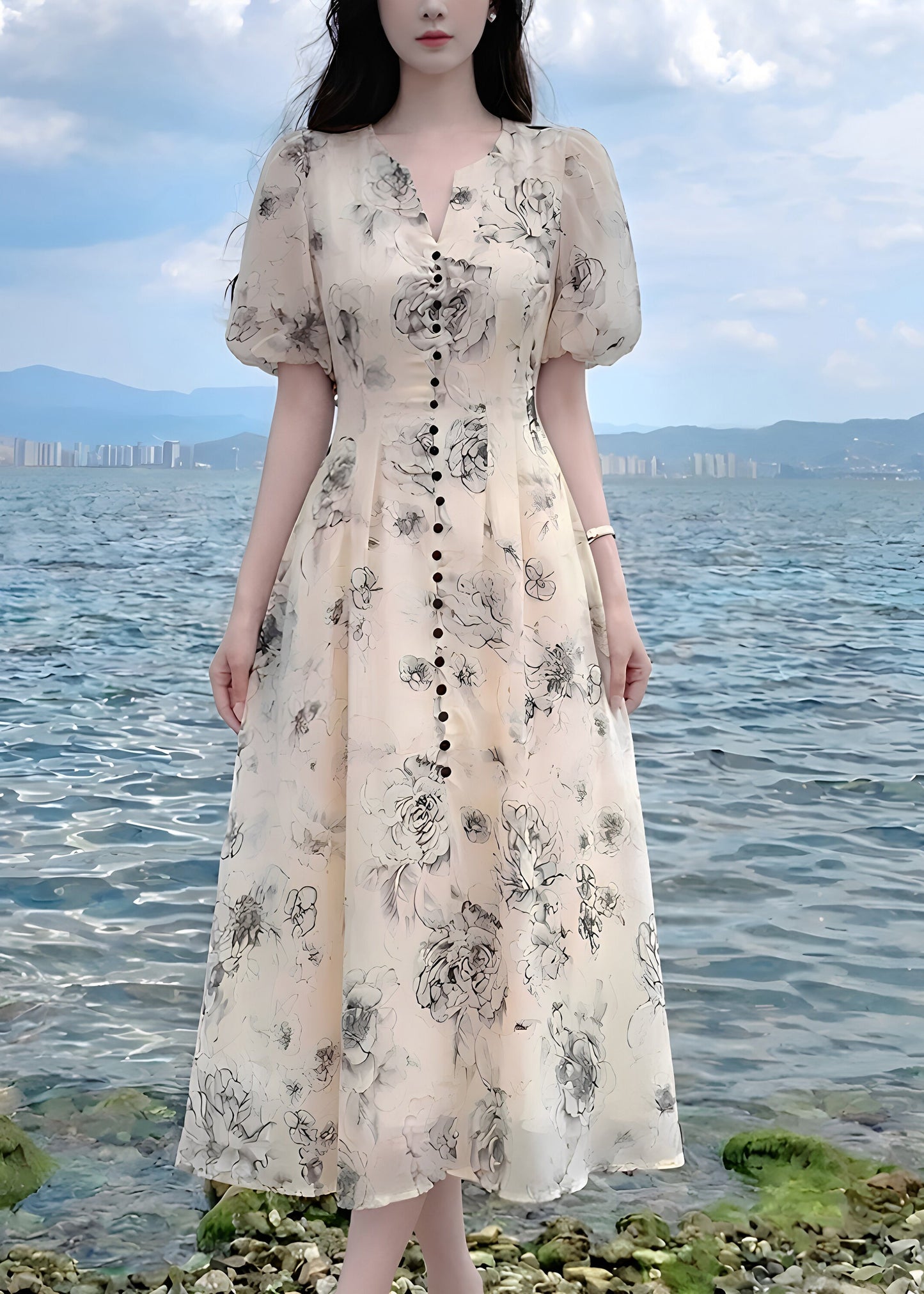 Chic V Neck Print Tunic Chiffon Long Dresses Summer