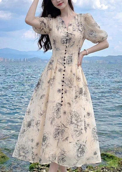 Chic V Neck Print Tunic Chiffon Long Dresses Summer