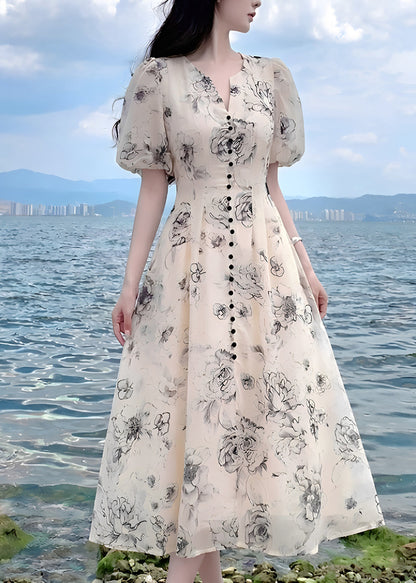 Chic V Neck Print Tunic Chiffon Long Dresses Summer