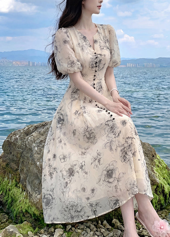Chic V Neck Print Tunic Chiffon Long Dresses Summer