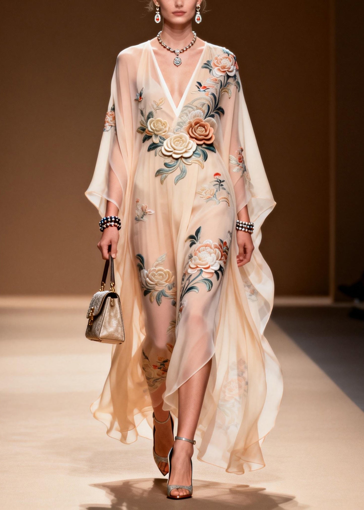 Chic V Neck Print Wrinkled Chiffon Maxi Dresses Spring