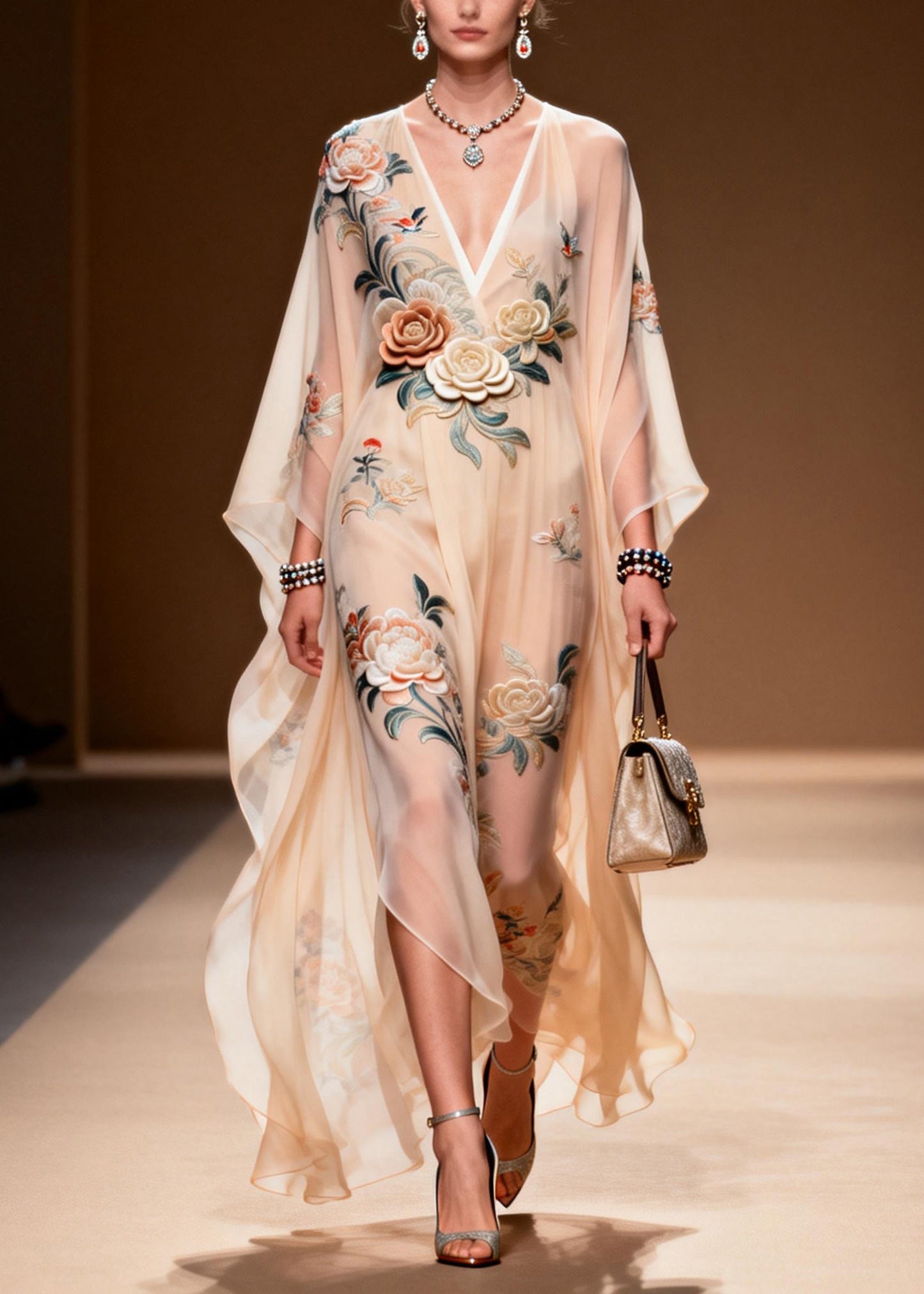 Chic V Neck Print Wrinkled Chiffon Maxi Dresses Spring
