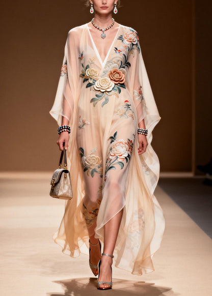 Chic V Neck Print Wrinkled Chiffon Maxi Dresses Spring