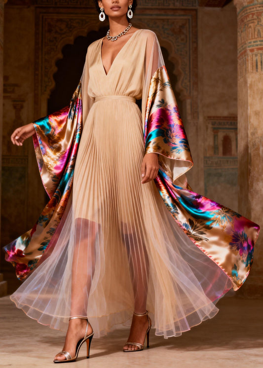 Chic V Neck Print Wrinkled Patchwork Silk Dress Spring