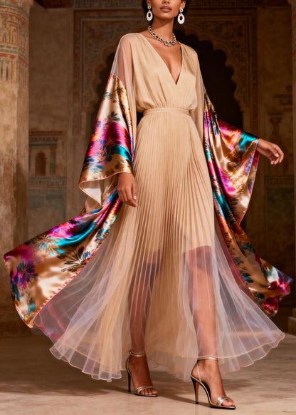 Chic V Neck Print Wrinkled Patchwork Silk Dress Spring