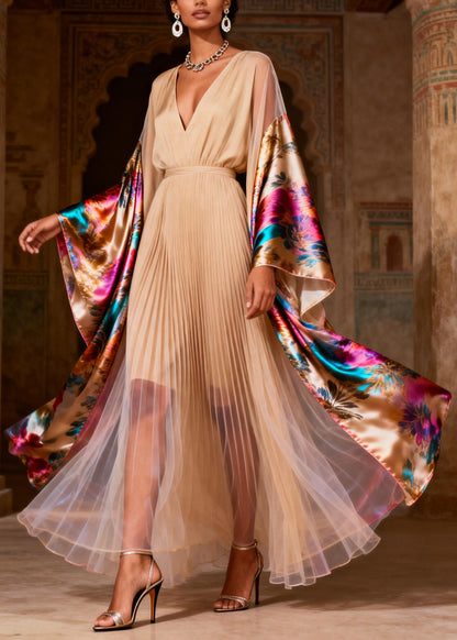 Chic V Neck Print Wrinkled Patchwork Silk Dress Spring