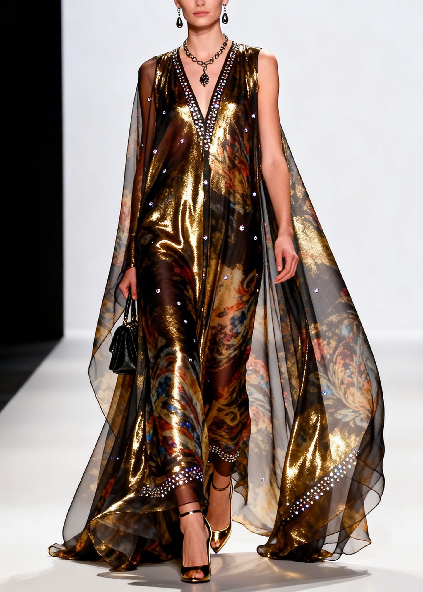 Chic V Neck Print Zircon Chiffon Long Dresses Summer