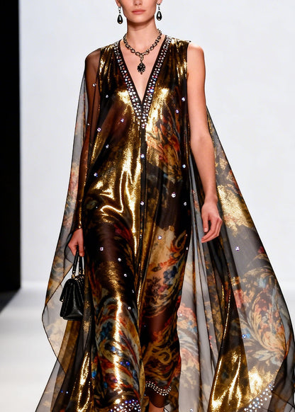 Chic V Neck Print Zircon Chiffon Long Dresses Summer