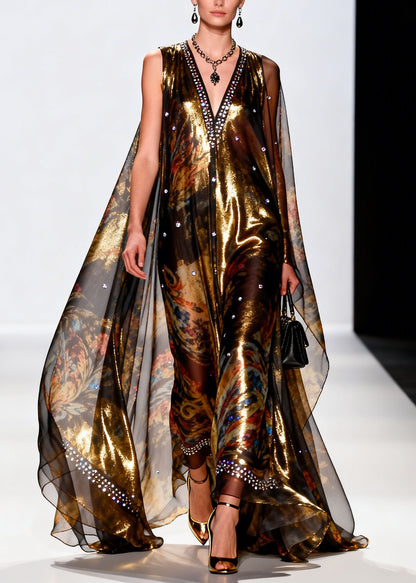 Chic V Neck Print Zircon Chiffon Long Dresses Summer