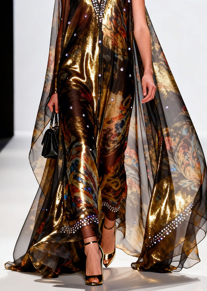 Chic V Neck Print Zircon Chiffon Long Dresses Summer