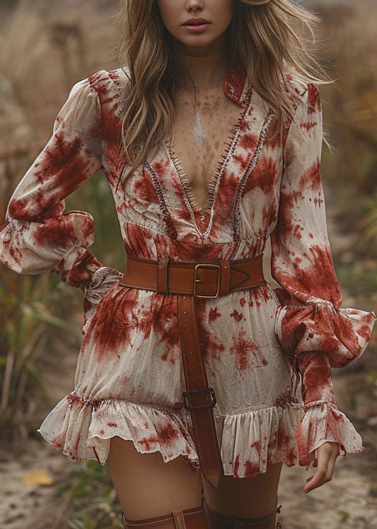 Chic V Neck Ruffled Tie Dye Cotton Mini Dress Lantern Sleeve