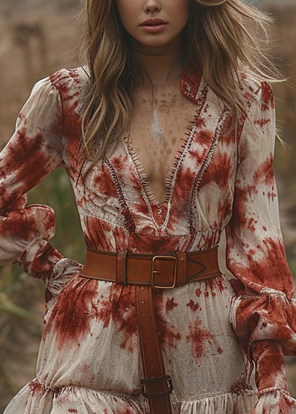 Chic V Neck Ruffled Tie Dye Cotton Mini Dress Lantern Sleeve