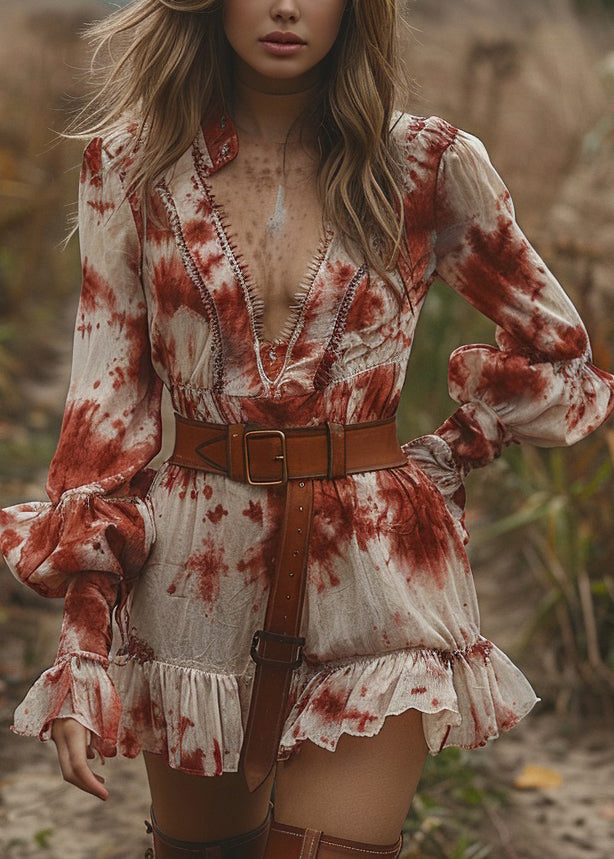 Chic V Neck Ruffled Tie Dye Cotton Mini Dress Lantern Sleeve