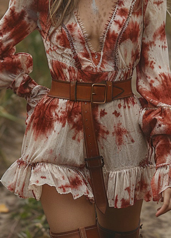 Chic V Neck Ruffled Tie Dye Cotton Mini Dress Lantern Sleeve