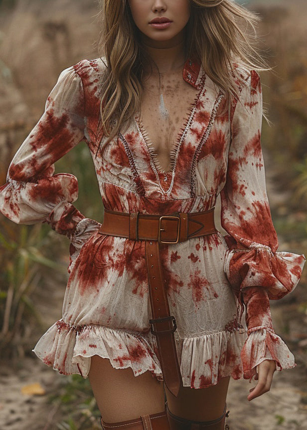 Chic V Neck Ruffled Tie Dye Cotton Mini Dress Lantern Sleeve