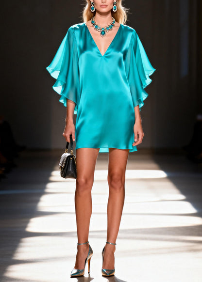 Chic V Neck Silk Mid Dress Butterfly Sleeve