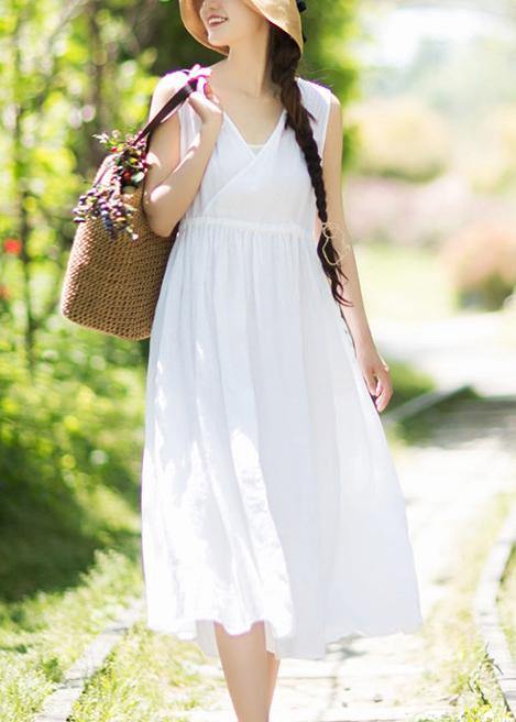 Chic V Neck Sleeveless Summer Clothes Design White Traveling Dress - SooLinen