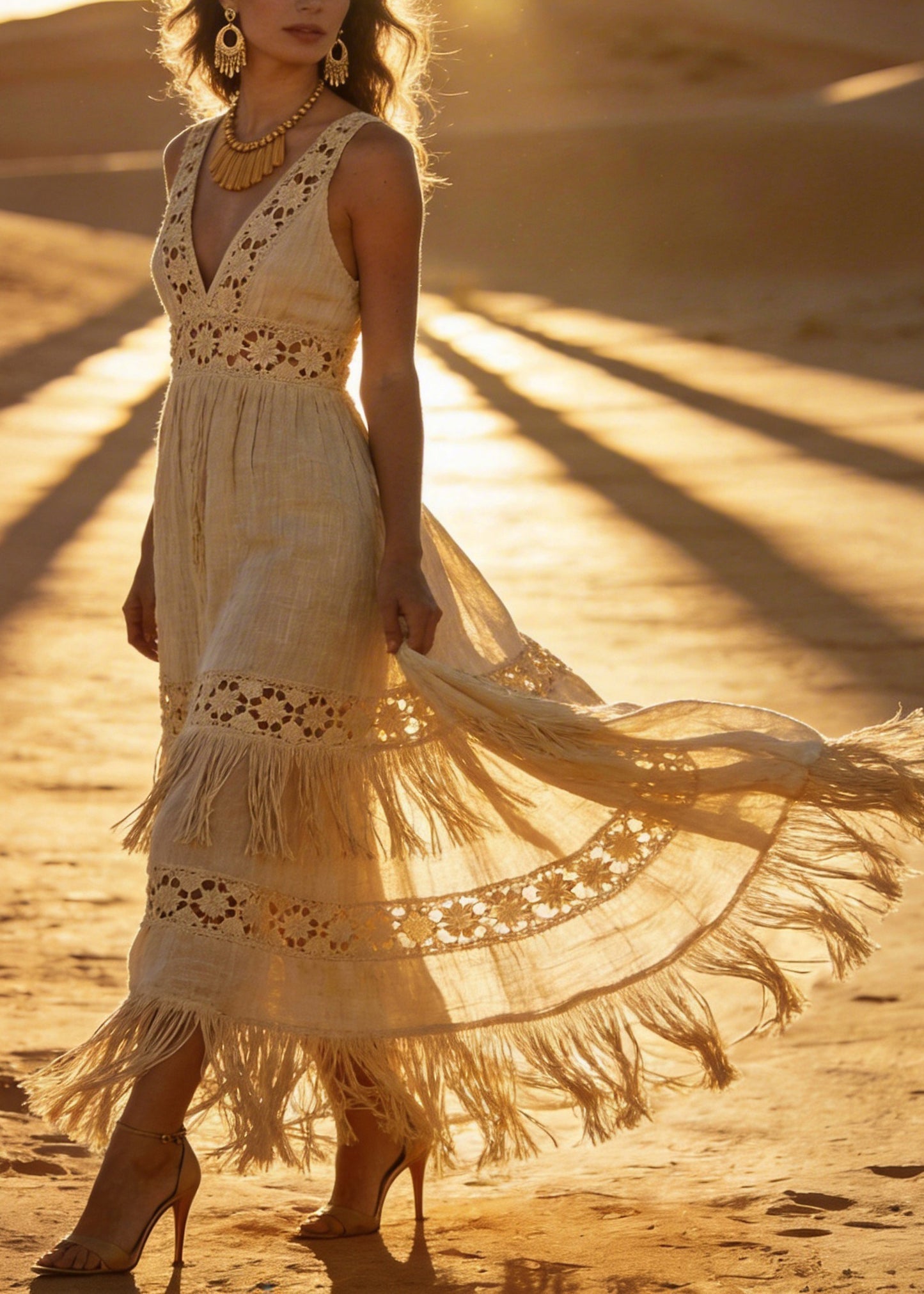 Chic V Neck Tassel Patchwork Cotton Maxi Dresses Sleeveless