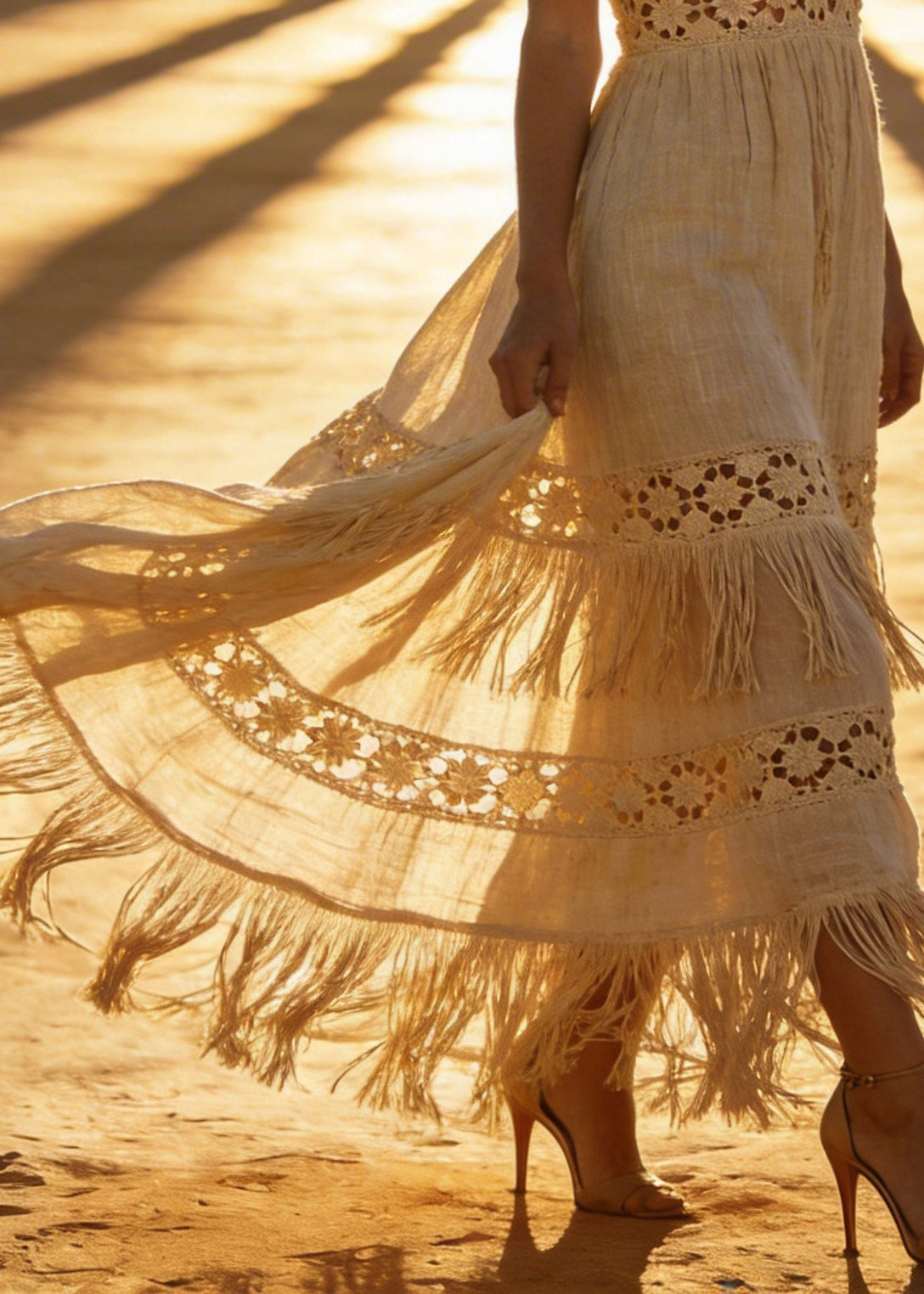 Chic V Neck Tassel Patchwork Cotton Maxi Dresses Sleeveless