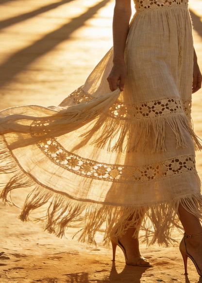 Chic V Neck Tassel Patchwork Cotton Maxi Dresses Sleeveless