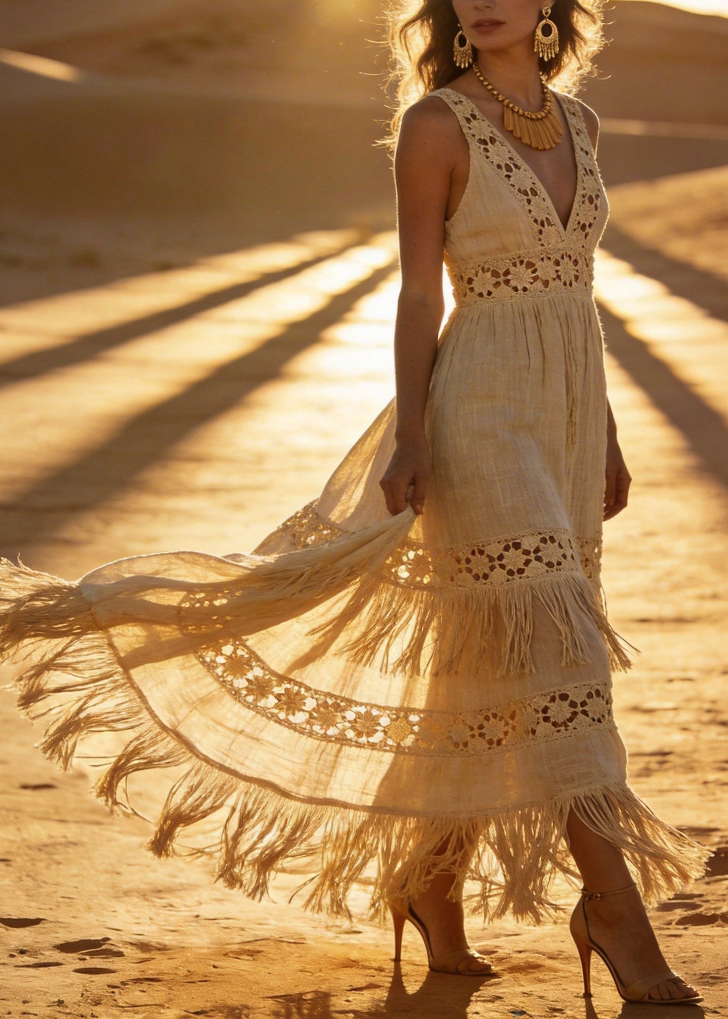 Chic V Neck Tassel Patchwork Cotton Maxi Dresses Sleeveless